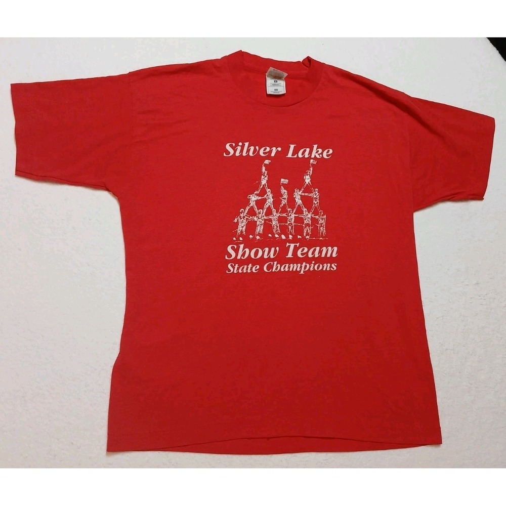 Vtg 90s Fruit of the Loom BEST Single Stitch Shirt Large Red Silver Lake Cheer